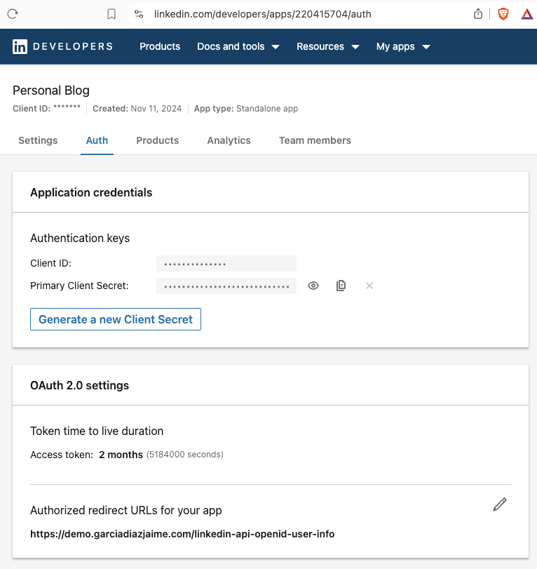 LinkedIn Developer Application Setup
