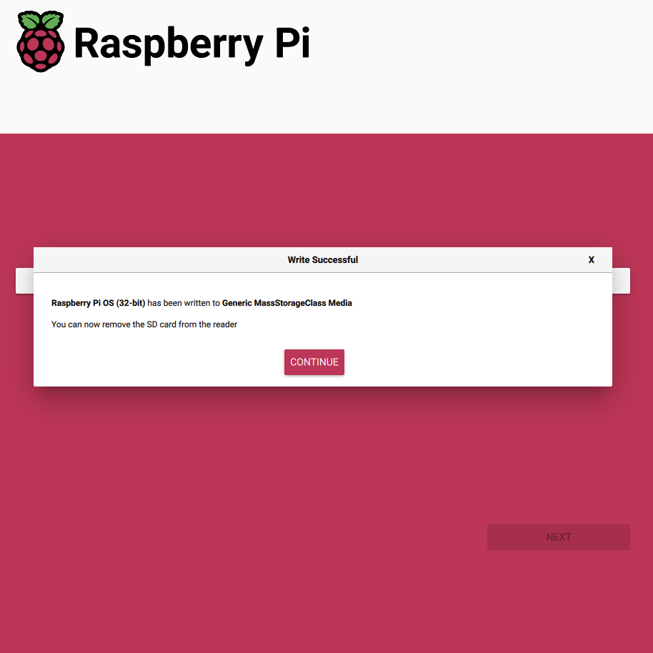 Raspberry Pi Imager Setup Success Message