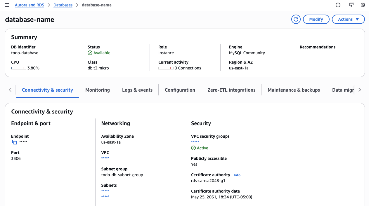 AWS RDS Database MySQL